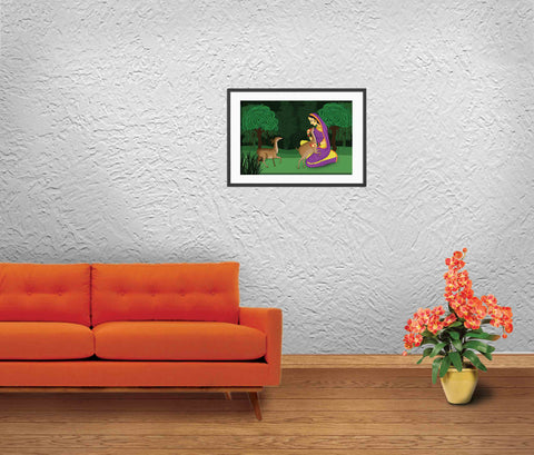 126_DA - Indian Female with Deer, Rajasthani Miniature Art