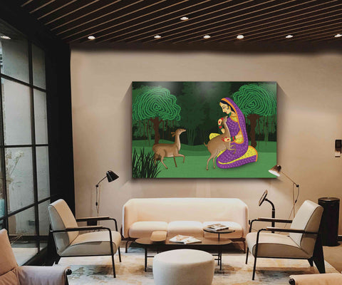126_DA - Indian Female with Deer, Rajasthani Miniature Art