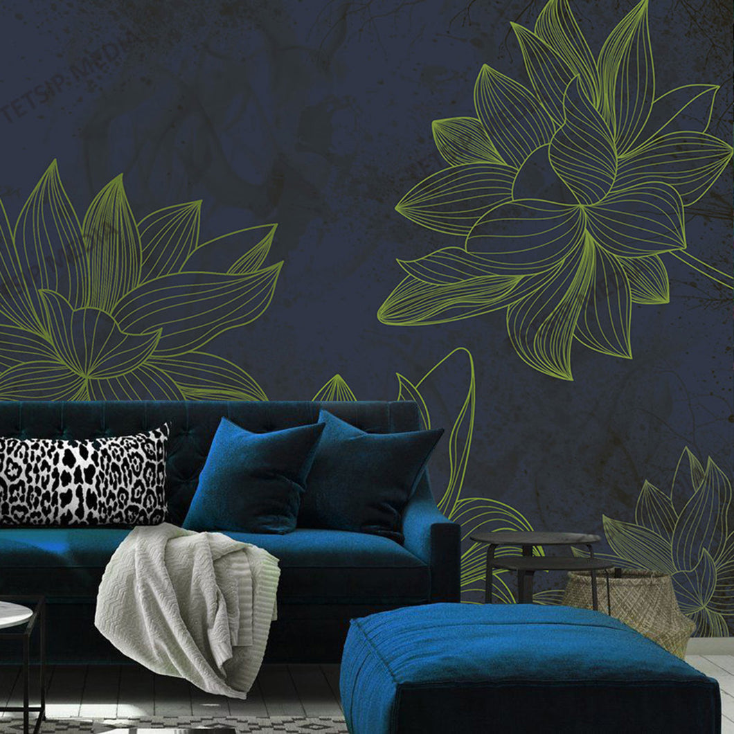 265_DA - Lotus Liner Drawing with Blue Background, Mural Wallpaper