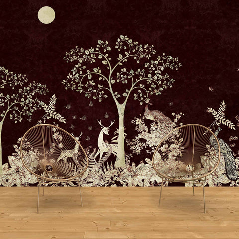 283_DA - Tropical Forest Design With Maroon Background Mural Wallpaper