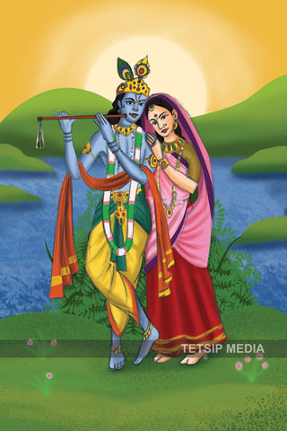 38_DA - Radha Krishna with Sunrise in Background, Miniature Art