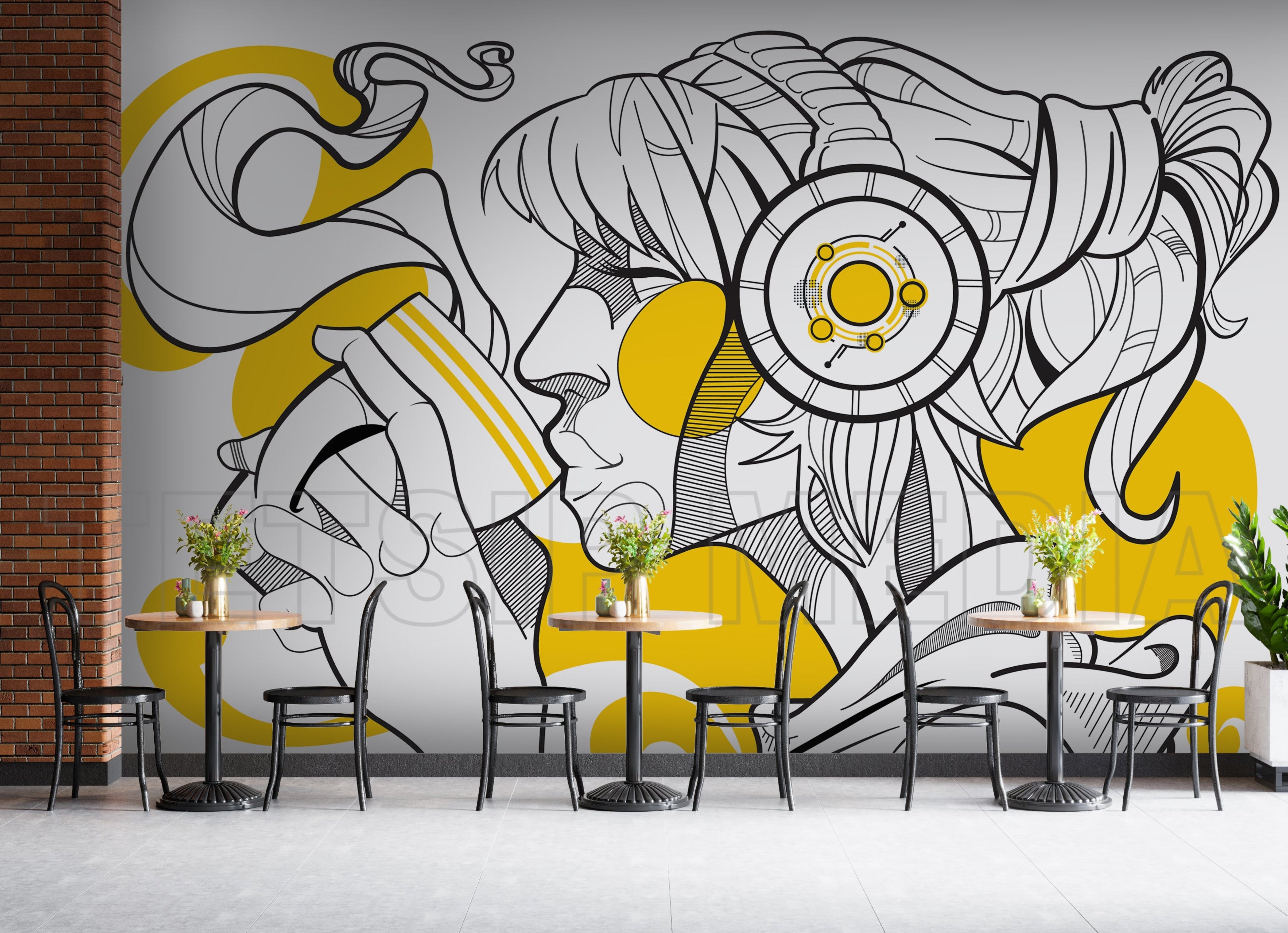 Contemporary Cafe Doodle Art Wallpaper,Canary Yellow. girl having coffee line art