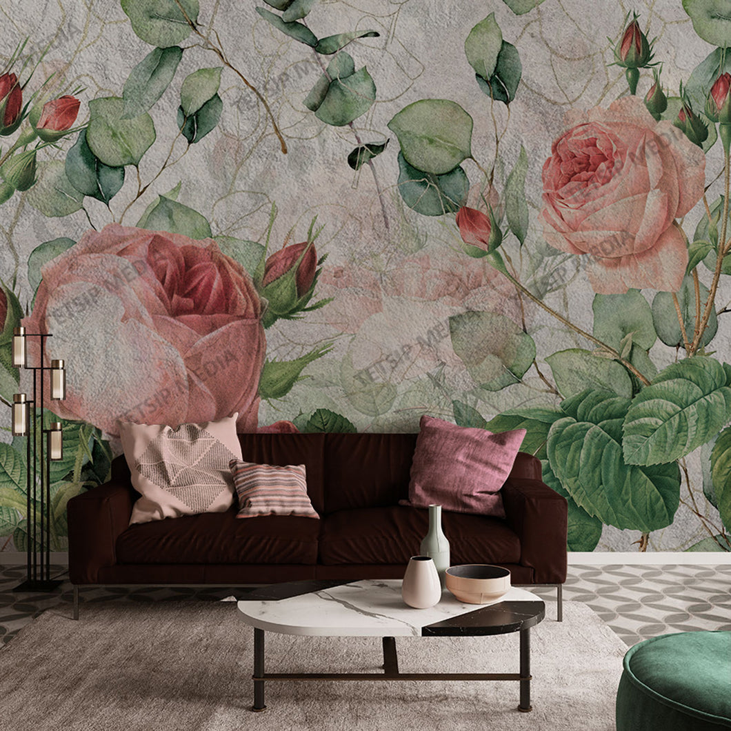 261_DA - Pink Rose Watercolour Painting, Mural with Green Leaves Background Wallpaper