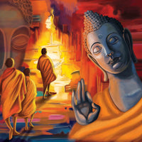 Buddha and monks spiritual wallpaper mural with glowing temple backdrop in crimson, gold, and deep blue tones displayed in modern living room interior.