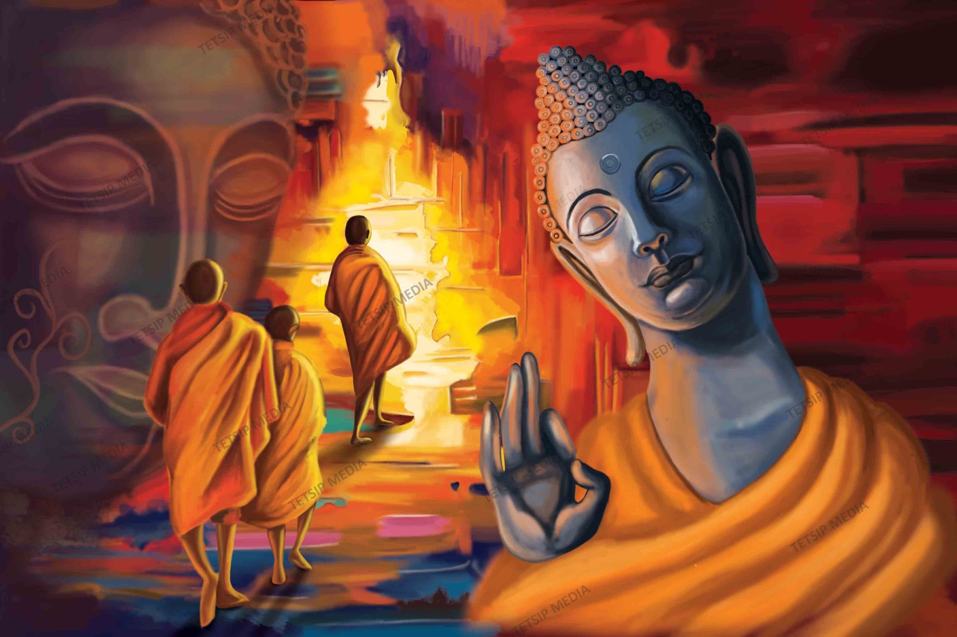 Buddha and monks spiritual wallpaper mural with glowing temple backdrop in crimson, gold, and deep blue tones displayed in modern living room interior.