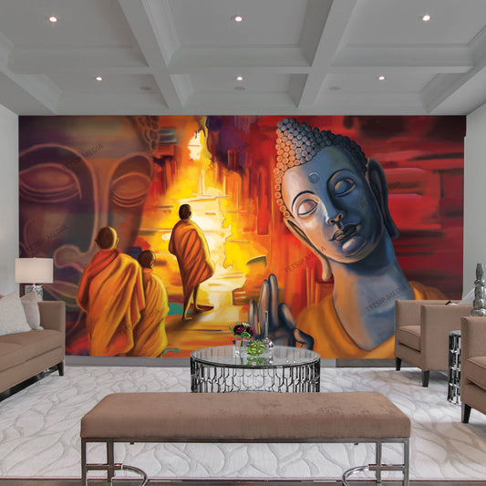 Buddha and monks spiritual wallpaper mural with glowing temple backdrop in crimson, gold, and deep blue tones displayed in modern living room interior.