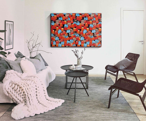 93_DA - Tomato Red and Blue  brush Stroke Abstract Art