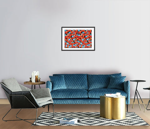 93_DA - Tomato Red and Blue  brush Stroke Abstract Art