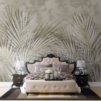 An architectural perspective of a high-end contemporary lounge featuring the Shaded Palmscape Mural as a full-scale feature wall. The mural’s warm, neutral tones pair elegantly with natural wood furniture, linen upholstery, and soft ambient lighting, creating a serene and cultured interior sanctuary.