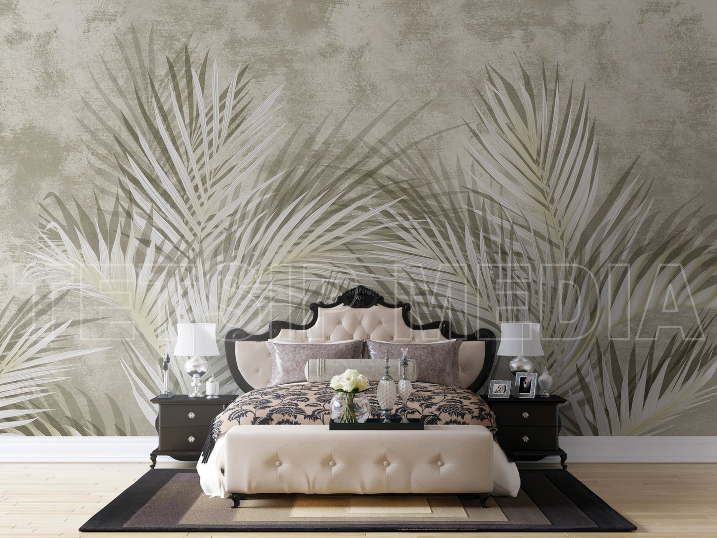 An architectural perspective of a high-end contemporary lounge featuring the Shaded Palmscape Mural as a full-scale feature wall. The mural’s warm, neutral tones pair elegantly with natural wood furniture, linen upholstery, and soft ambient lighting, creating a serene and cultured interior sanctuary.